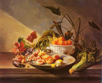 David Emile Joseph De Noter : A Still Life With Fruit And Vegetables On A Table